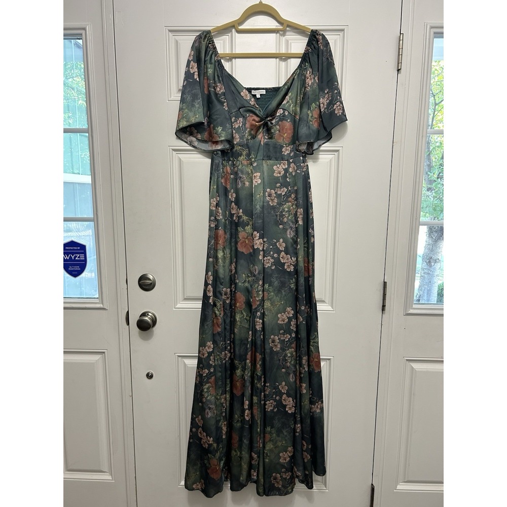 Baltic Born Caterina Maxi Dress XL Dark Green Floral Satin Flutter Sleeve